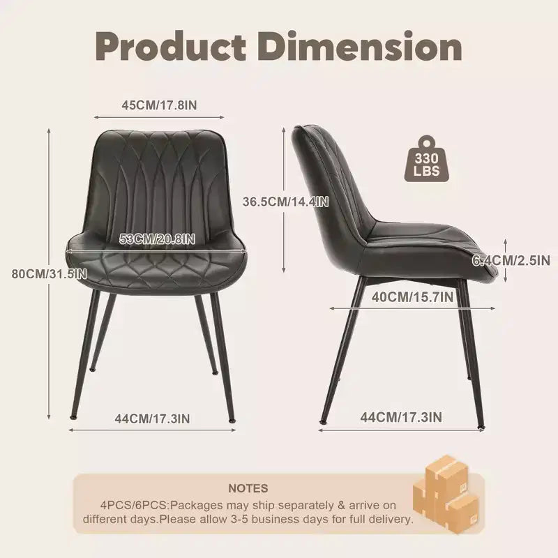 Lot de 2 chaises de salle à manger modernes noires, chaises d'appoint de cuisine rembourrées avec pieds en métal