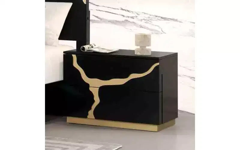 Table de chevet simple moderne de 71 cm, motif laqué or, tiroirs à queue d'aronde français et anglais, noir et or