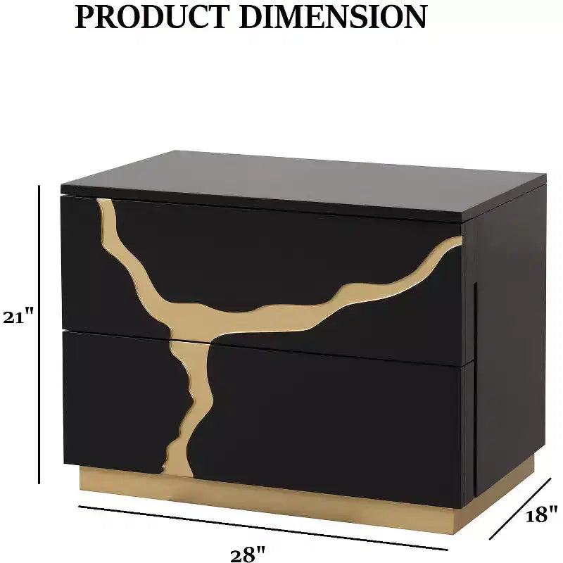 Table de chevet simple moderne de 71 cm, motif laqué or, tiroirs à queue d'aronde français et anglais, noir et or