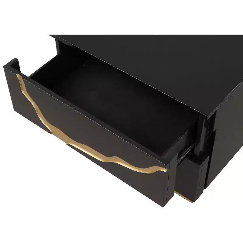 Table de chevet simple moderne de 71 cm, motif laqué or, tiroirs à queue d'aronde français et anglais, noir et or