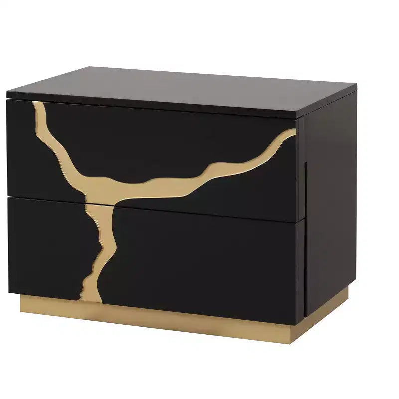 Table de chevet simple moderne de 71 cm, motif laqué or, tiroirs à queue d'aronde français et anglais, noir et or