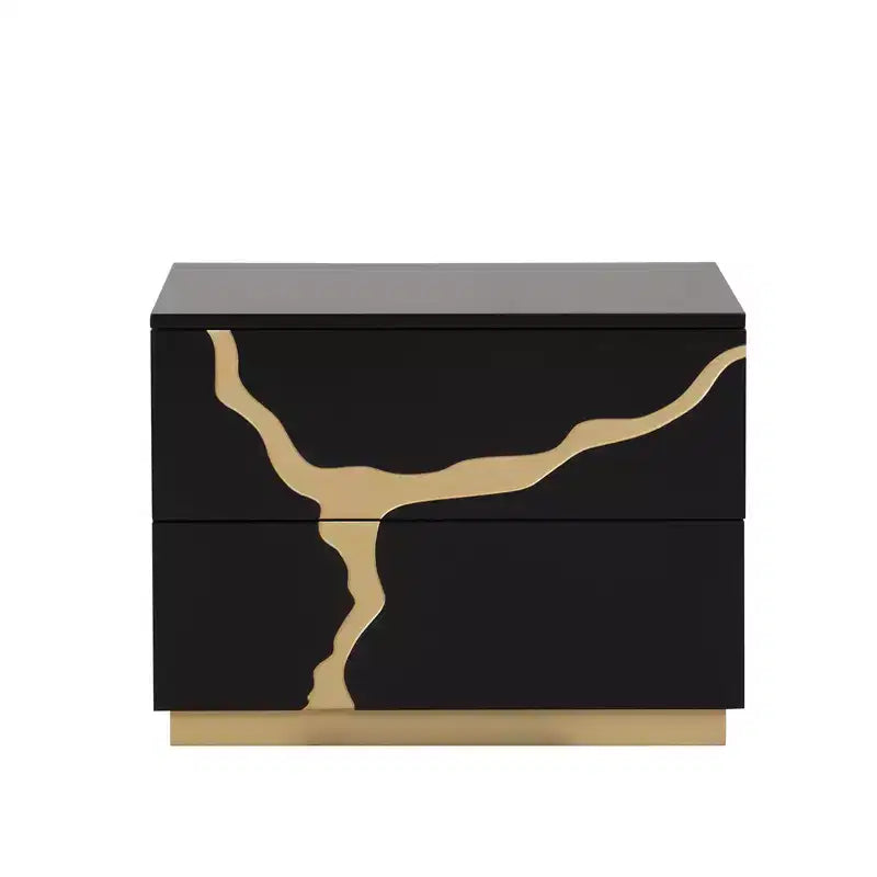 Table de chevet simple moderne de 71 cm, motif laqué or, tiroirs à queue d'aronde français et anglais, noir et or