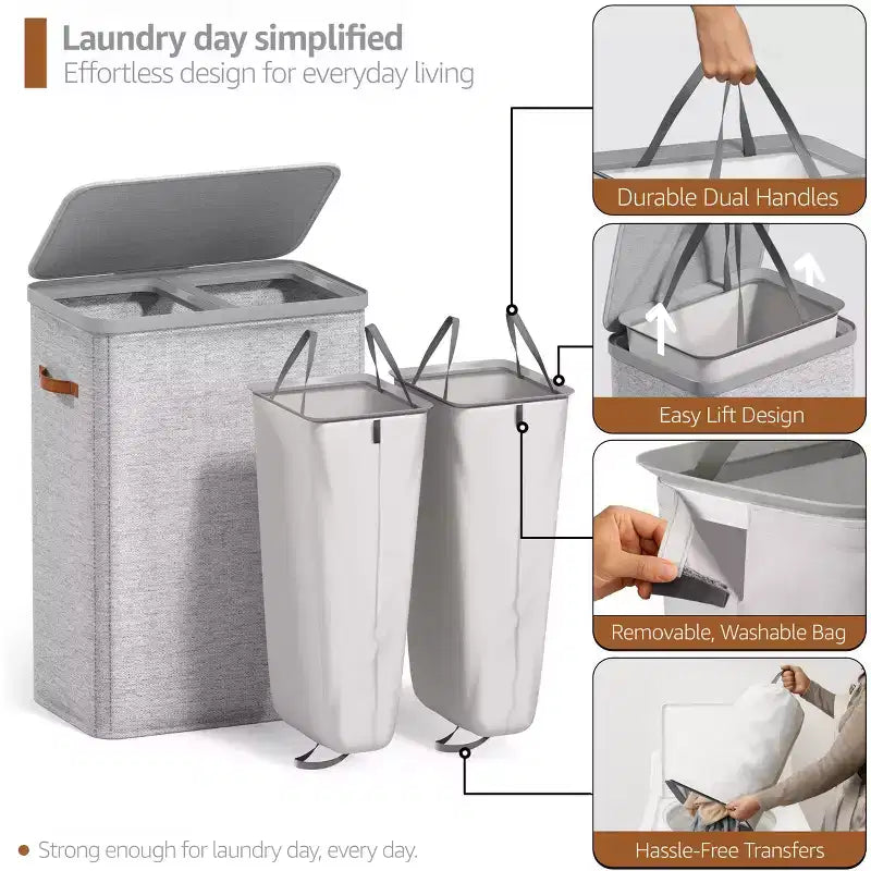 Panier à linge à 2 compartiments avec sac à linge amovible - Organisateur durable pour salle de bain, chambre ou buanderie