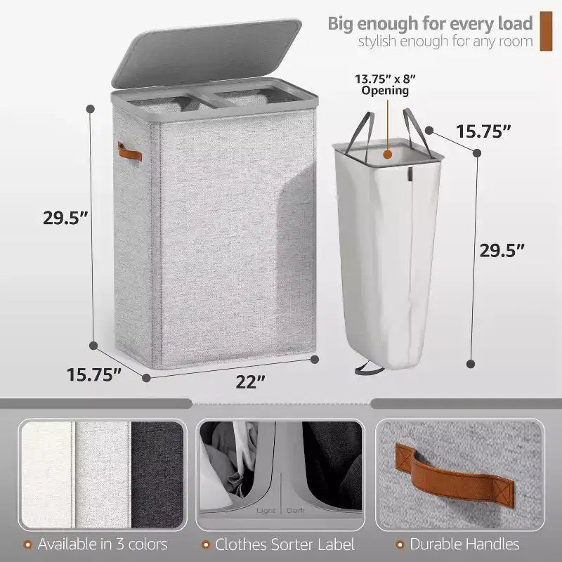 Panier à linge à 2 compartiments avec sac à linge amovible - Organisateur durable pour salle de bain, chambre ou buanderie
