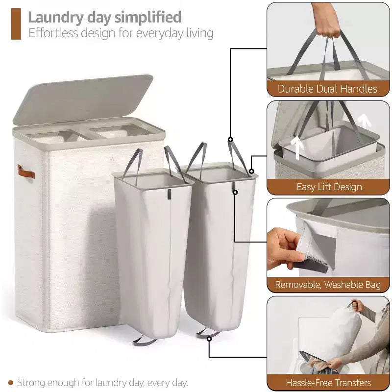 Panier à linge à 2 compartiments avec sac à linge amovible - Organisateur durable pour salle de bain, chambre ou buanderie