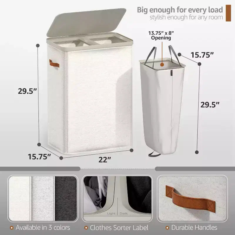 Panier à linge à 2 compartiments avec sac à linge amovible - Organisateur durable pour salle de bain, chambre ou buanderie