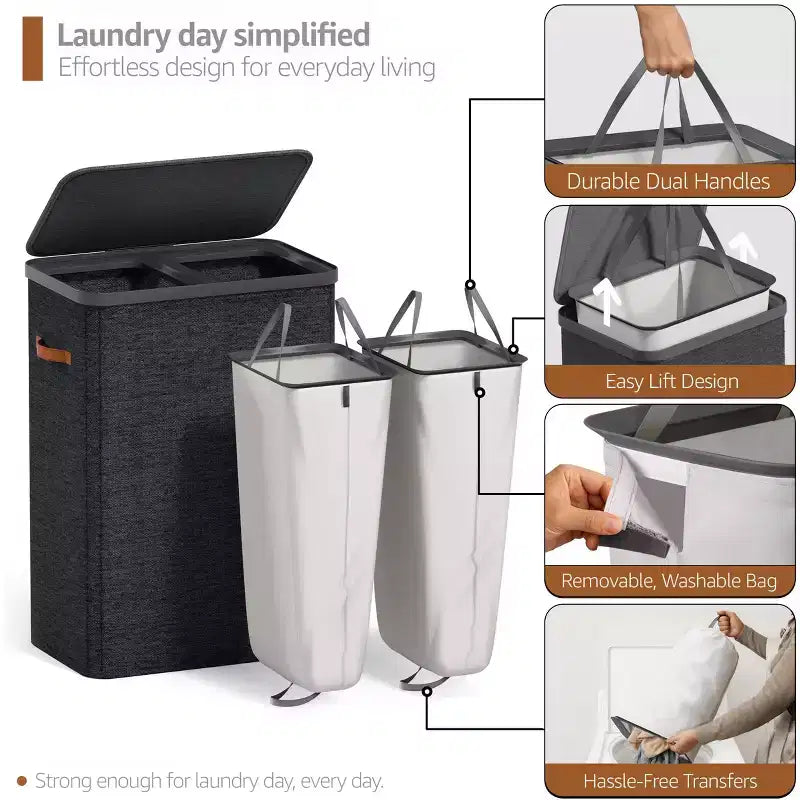 Panier à linge à 2 compartiments avec sac à linge amovible - Organisateur durable pour salle de bain, chambre ou buanderie