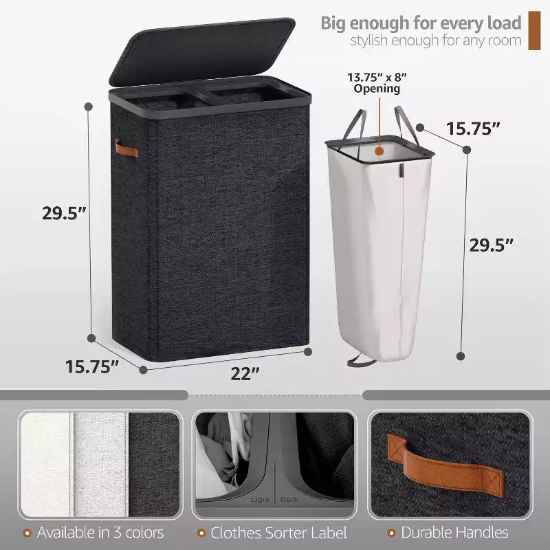 Panier à linge à 2 compartiments avec sac à linge amovible - Organisateur durable pour salle de bain, chambre ou buanderie