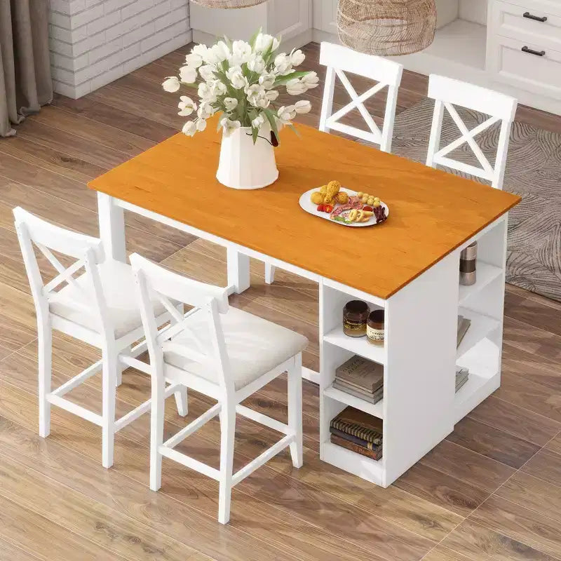 Ensemble de salle à manger 5 pièces hauteur comptoir de style ferme pour 4, ensemble table de bar en bois avec étagères de rangement et 4 chaises rembourrées