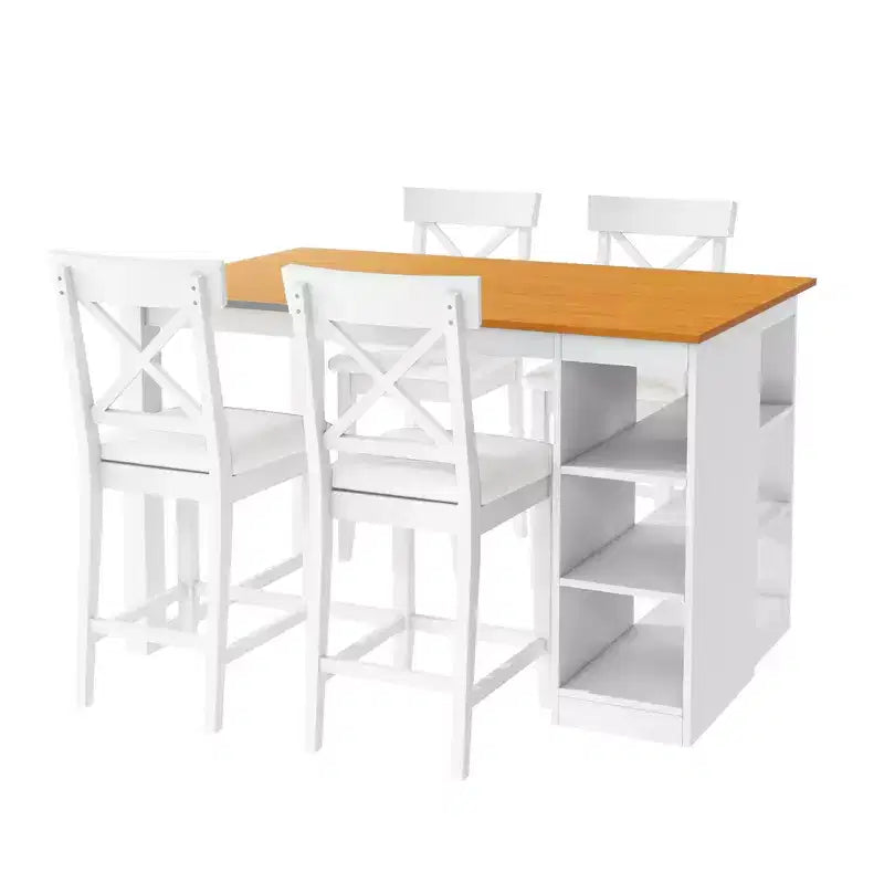Ensemble de salle à manger 5 pièces hauteur comptoir de style ferme pour 4, ensemble table de bar en bois avec étagères de rangement et 4 chaises rembourrées