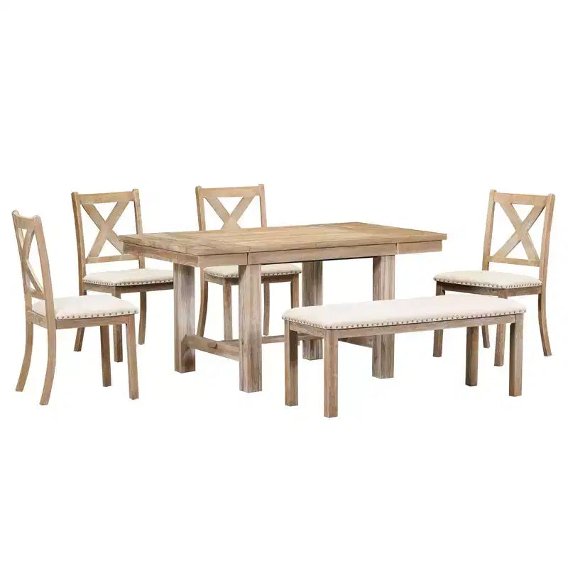 Ensemble de salle à manger extensible de ferme pour 6 personnes, table de cuisine rectangulaire en bois massif avec rallonge amovible, 4 chaises rembourrées et banc