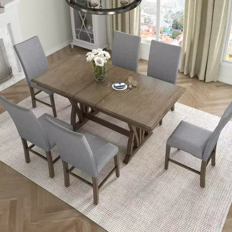 Ensemble de salle à manger extensible 7 pièces pour 6 personnes, ensemble de table de cuisine de style campagnard avec 6 chaises rembourrées pour salle à manger, gris
