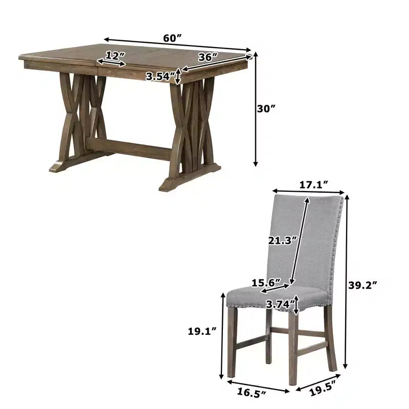 Ensemble de salle à manger extensible 7 pièces pour 6 personnes, ensemble de table de cuisine de style campagnard avec 6 chaises rembourrées pour salle à manger, gris