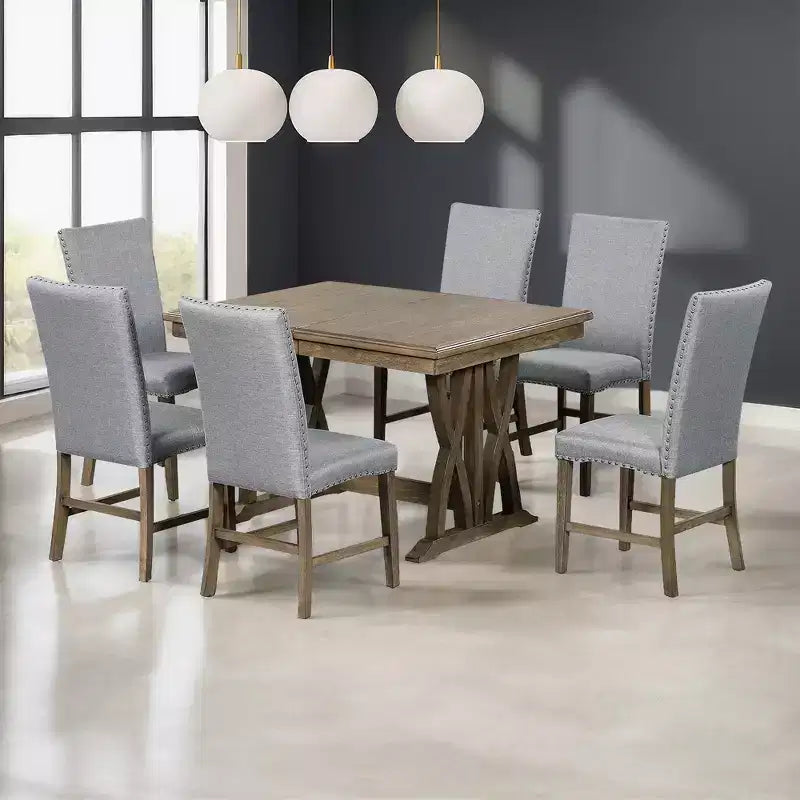 Ensemble de salle à manger extensible 7 pièces pour 6 personnes, ensemble de table de cuisine de style campagnard avec 6 chaises rembourrées pour salle à manger, gris