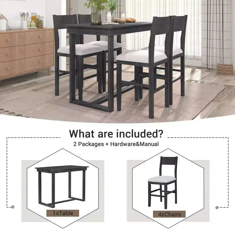Ensemble de salle à manger 5 pièces à hauteur de comptoir pour 4 personnes, ensemble table de bar en bois de style ferme avec 4 chaises rembourrées pour petits espaces