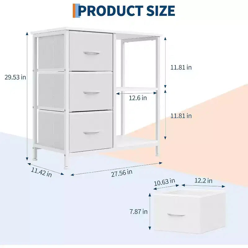 Meuble classeur moderne à 3 tiroirs, support d'imprimante avec 2 étagères de rangement ouvertes, meuble classeur en tissu sous le bureau pour le bureau à domicile