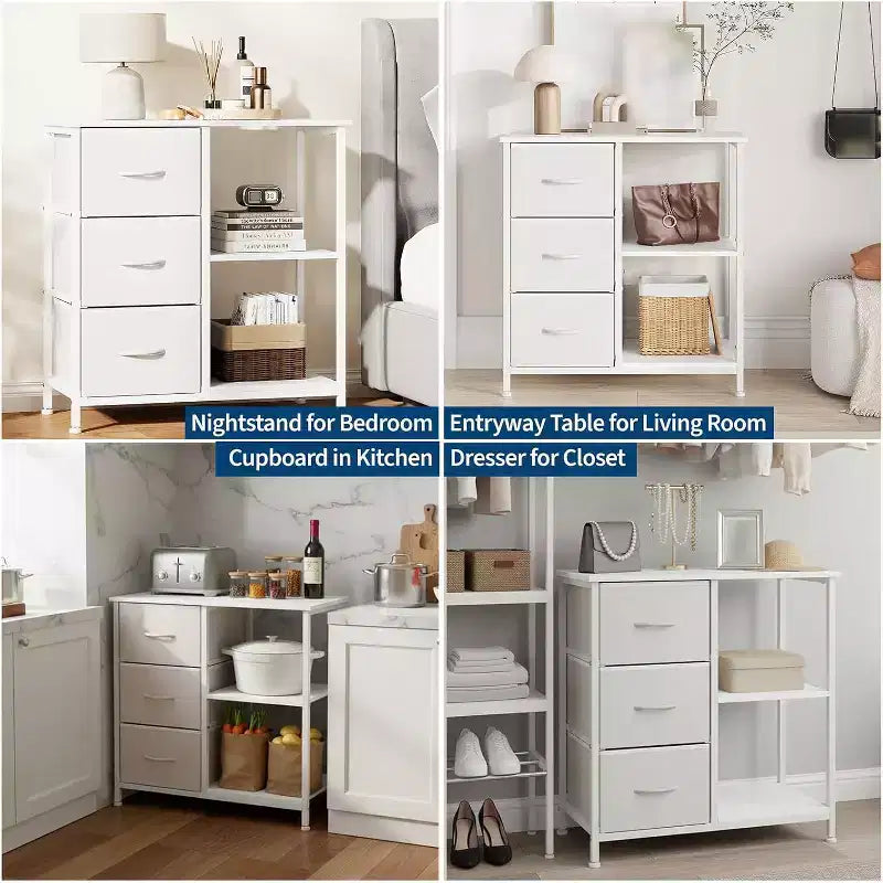 Meuble classeur moderne à 3 tiroirs, support d'imprimante avec 2 étagères de rangement ouvertes, meuble classeur en tissu sous le bureau pour le bureau à domicile