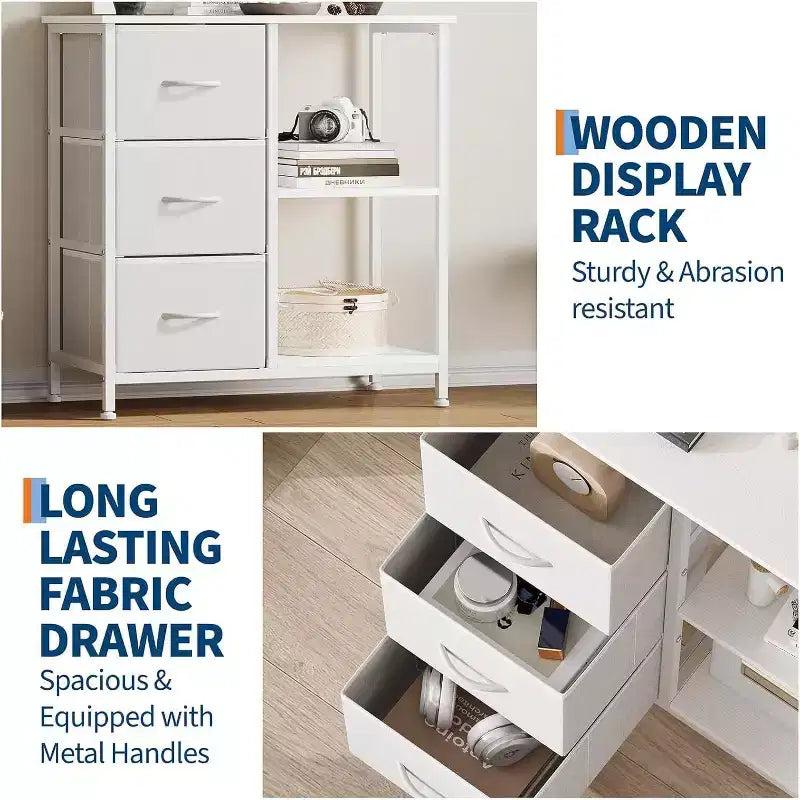 Meuble classeur moderne à 3 tiroirs, support d'imprimante avec 2 étagères de rangement ouvertes, meuble classeur en tissu sous le bureau pour le bureau à domicile