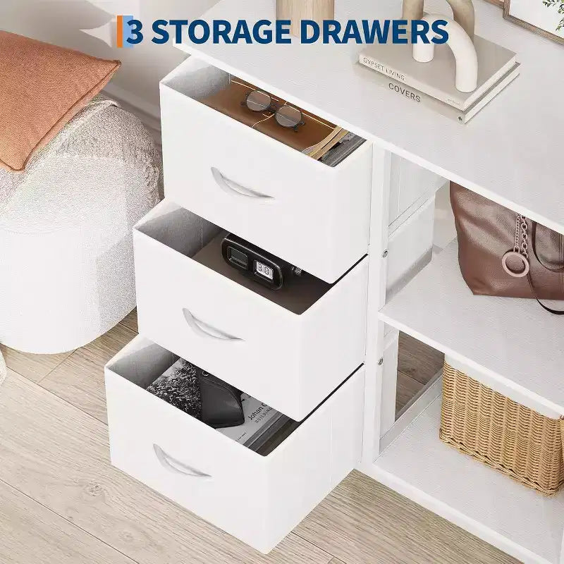 Meuble classeur moderne à 3 tiroirs, support d'imprimante avec 2 étagères de rangement ouvertes, meuble classeur en tissu sous le bureau pour le bureau à domicile