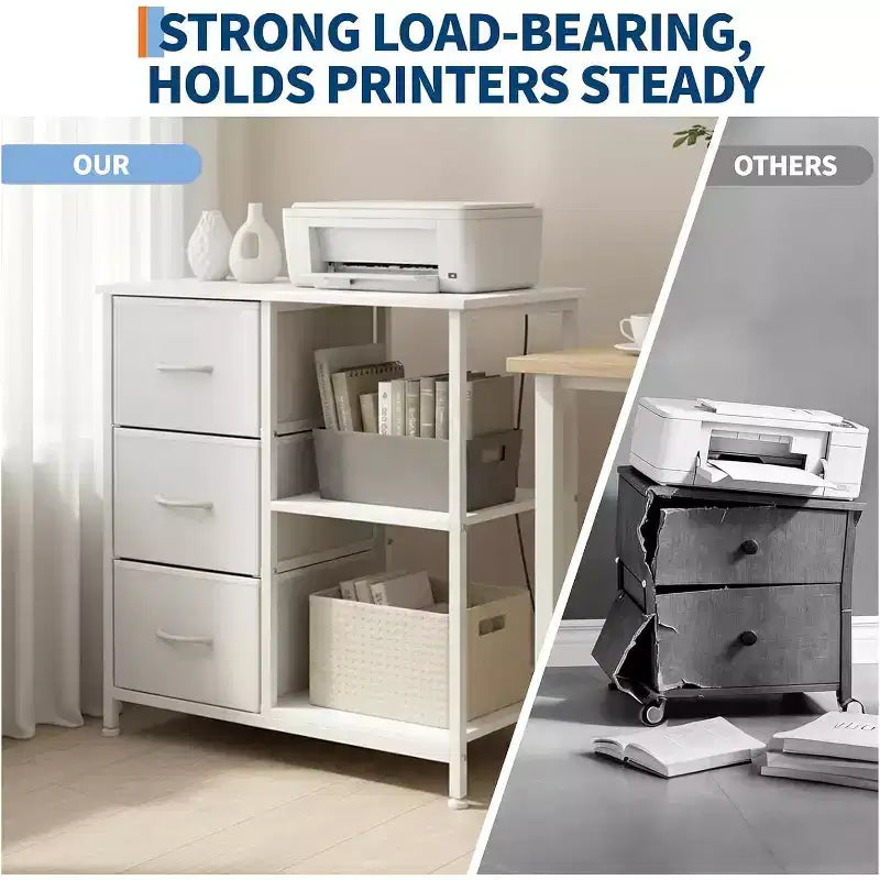 Meuble classeur moderne à 3 tiroirs, support d'imprimante avec 2 étagères de rangement ouvertes, meuble classeur en tissu sous le bureau pour le bureau à domicile