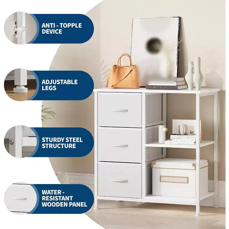 Meuble classeur moderne à 3 tiroirs, support d'imprimante avec 2 étagères de rangement ouvertes, meuble classeur en tissu sous le bureau pour le bureau à domicile