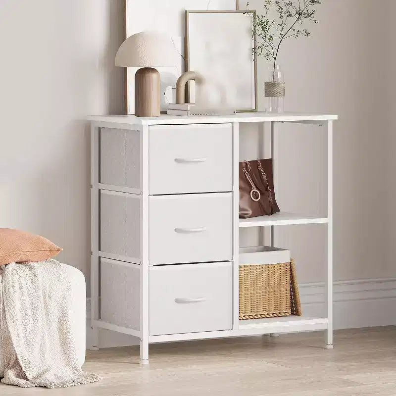 Meuble classeur moderne à 3 tiroirs, support d'imprimante avec 2 étagères de rangement ouvertes, meuble classeur en tissu sous le bureau pour le bureau à domicile