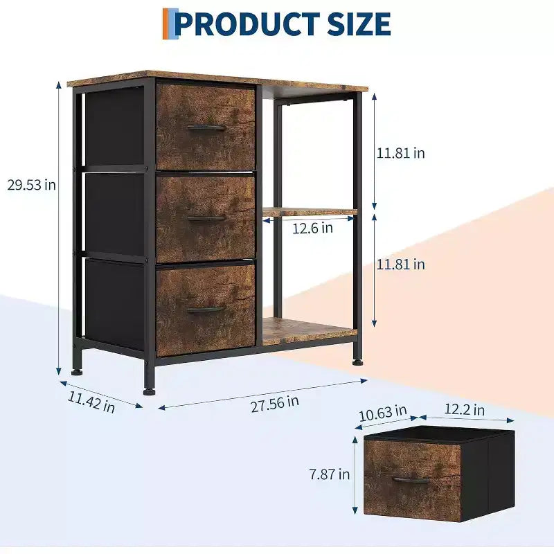 Meuble classeur moderne à 3 tiroirs, support d'imprimante avec 2 étagères de rangement ouvertes, meuble classeur en tissu sous le bureau pour le bureau à domicile
