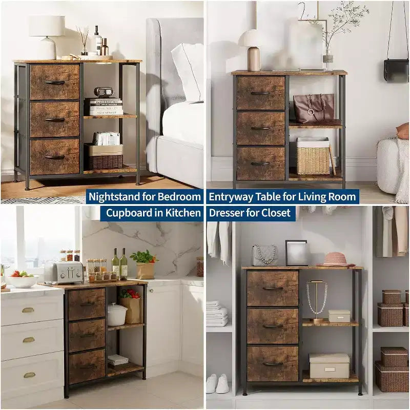Meuble classeur moderne à 3 tiroirs, support d'imprimante avec 2 étagères de rangement ouvertes, meuble classeur en tissu sous le bureau pour le bureau à domicile