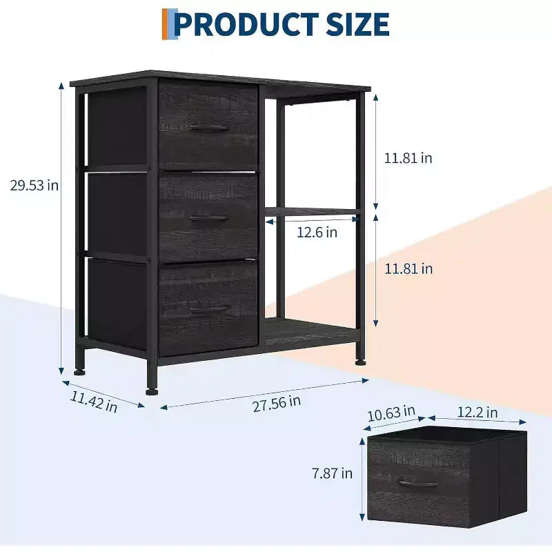 Meuble classeur moderne à 3 tiroirs, support d'imprimante avec 2 étagères de rangement ouvertes, meuble classeur en tissu sous le bureau pour le bureau à domicile