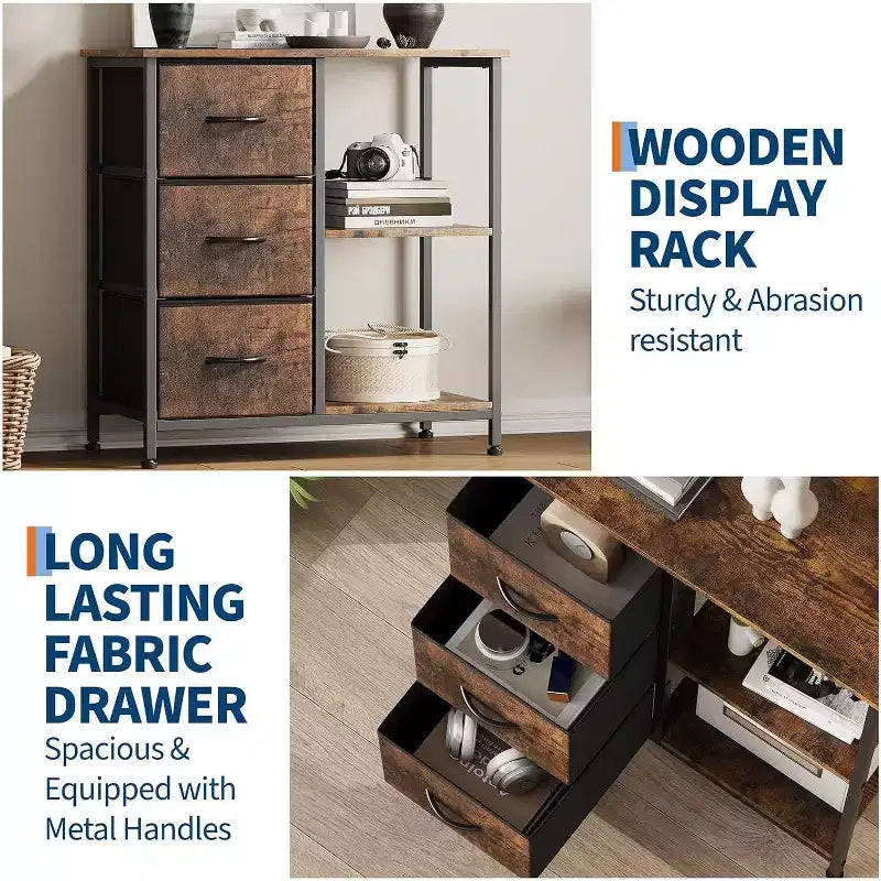 Meuble classeur moderne à 3 tiroirs, support d'imprimante avec 2 étagères de rangement ouvertes, meuble classeur en tissu sous le bureau pour le bureau à domicile