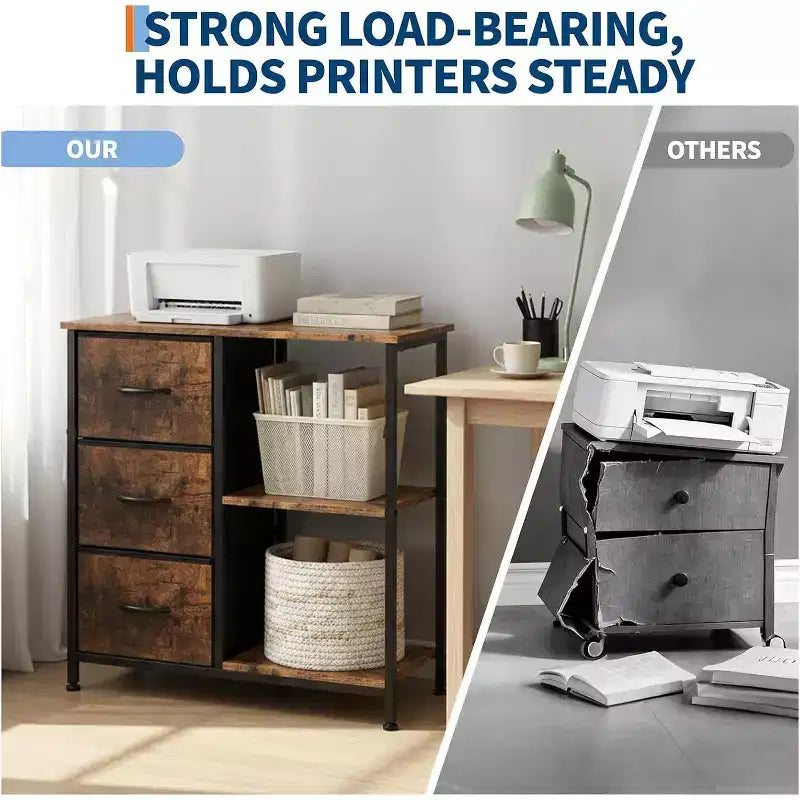 Meuble classeur moderne à 3 tiroirs, support d'imprimante avec 2 étagères de rangement ouvertes, meuble classeur en tissu sous le bureau pour le bureau à domicile
