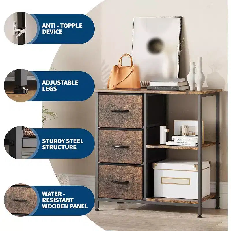 Meuble classeur moderne à 3 tiroirs, support d'imprimante avec 2 étagères de rangement ouvertes, meuble classeur en tissu sous le bureau pour le bureau à domicile