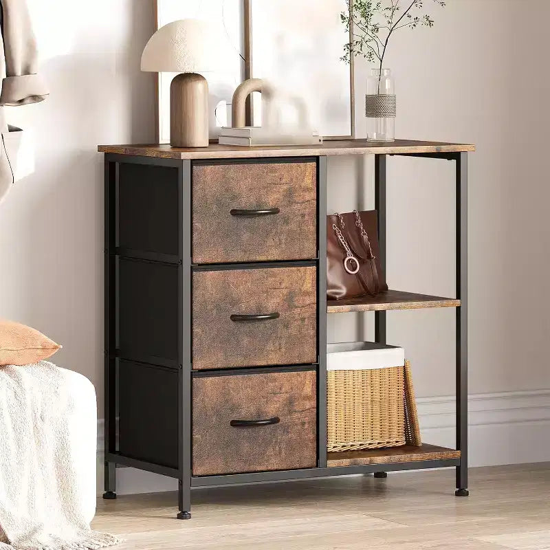 Meuble classeur moderne à 3 tiroirs, support d'imprimante avec 2 étagères de rangement ouvertes, meuble classeur en tissu sous le bureau pour le bureau à domicile