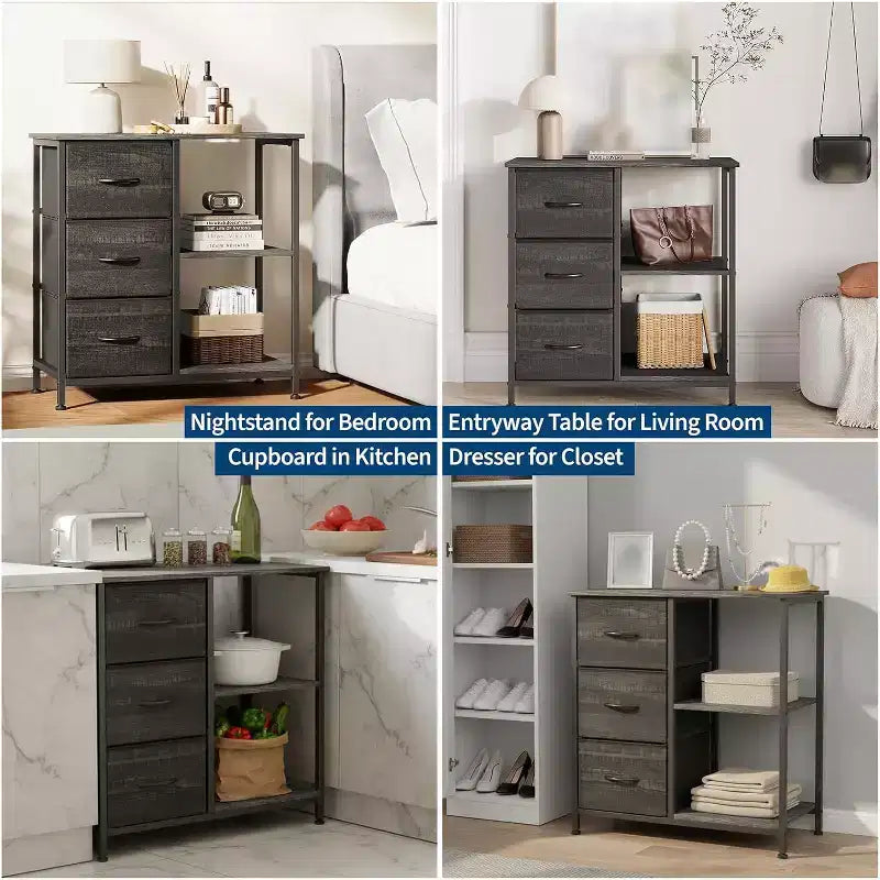 Meuble classeur moderne à 3 tiroirs, support d'imprimante avec 2 étagères de rangement ouvertes, meuble classeur en tissu sous le bureau pour le bureau à domicile