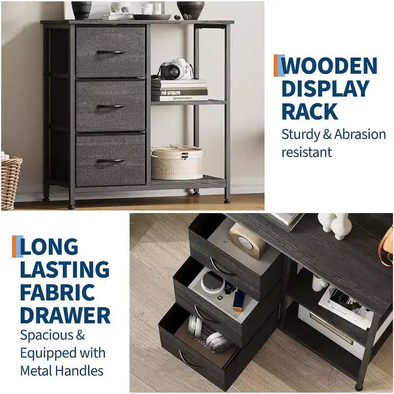 Meuble classeur moderne à 3 tiroirs, support d'imprimante avec 2 étagères de rangement ouvertes, meuble classeur en tissu sous le bureau pour le bureau à domicile