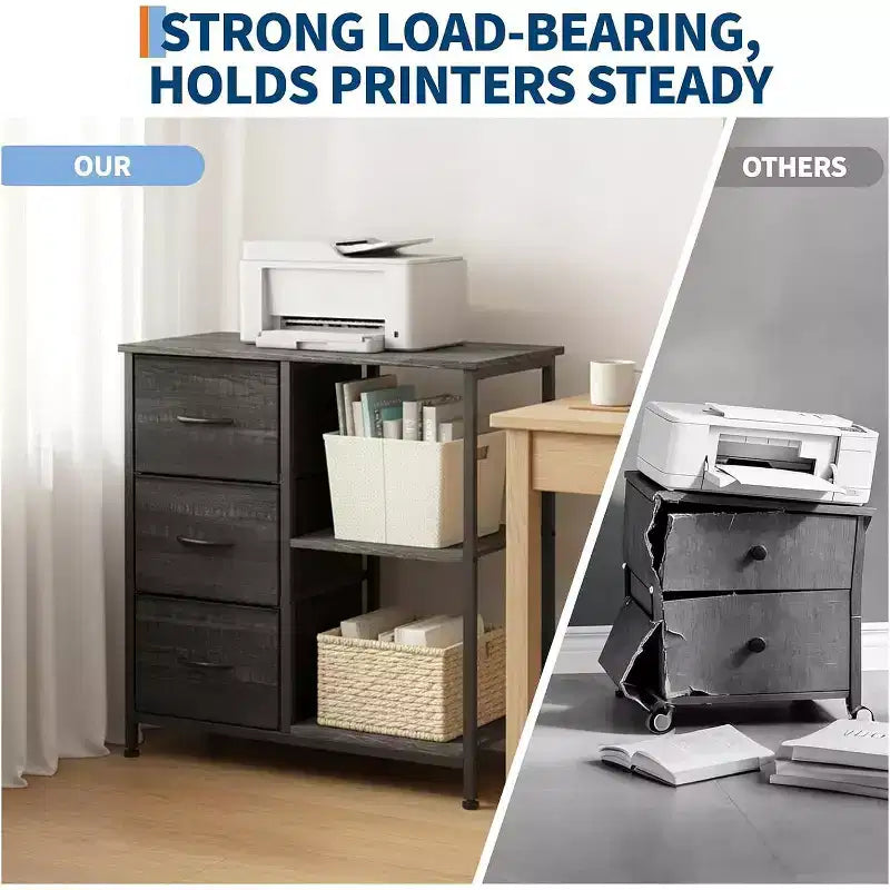 Meuble classeur moderne à 3 tiroirs, support d'imprimante avec 2 étagères de rangement ouvertes, meuble classeur en tissu sous le bureau pour le bureau à domicile