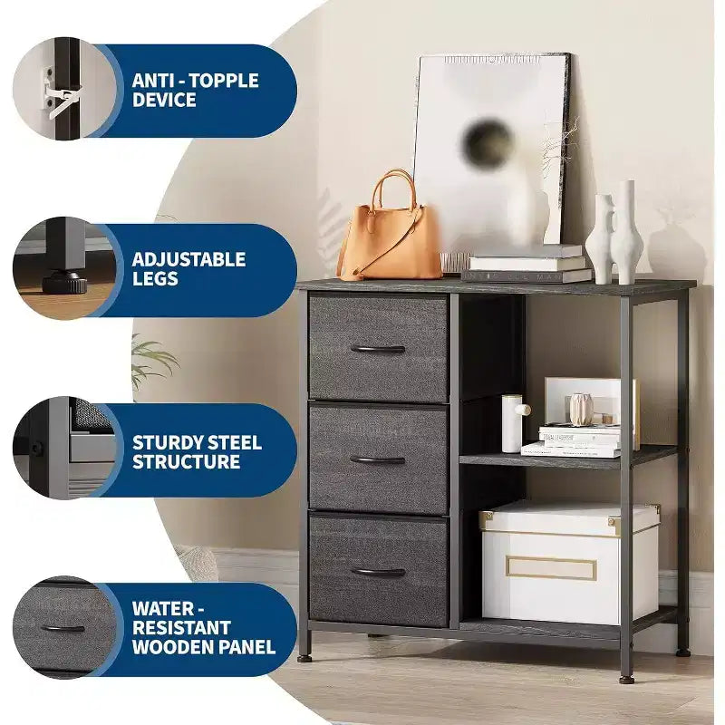 Meuble classeur moderne à 3 tiroirs, support d'imprimante avec 2 étagères de rangement ouvertes, meuble classeur en tissu sous le bureau pour le bureau à domicile