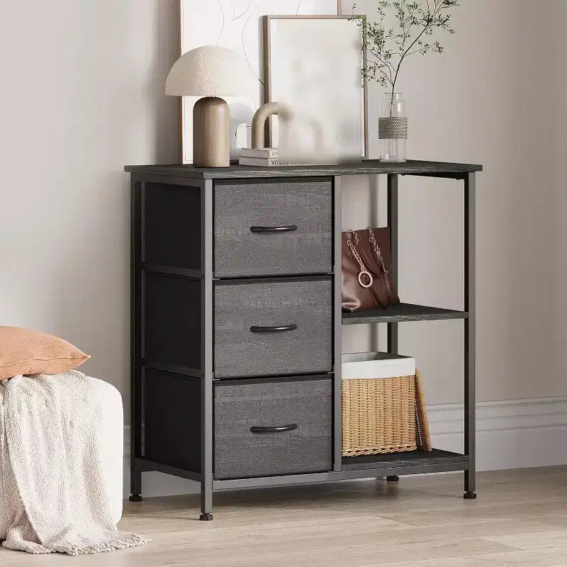 Meuble classeur moderne à 3 tiroirs, support d'imprimante avec 2 étagères de rangement ouvertes, meuble classeur en tissu sous le bureau pour le bureau à domicile