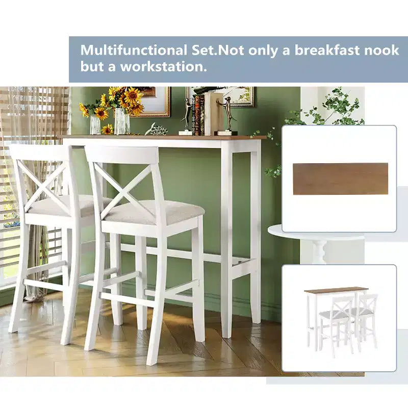 Ensemble de 3 pièces table de salle à manger hauteur de bar en bois, coin repas rectangulaire de style ferme avec 2 chaises pour petits espaces