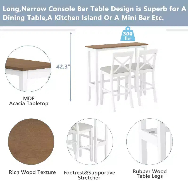 Ensemble de 3 pièces table de salle à manger hauteur de bar en bois, coin repas rectangulaire de style ferme avec 2 chaises pour petits espaces