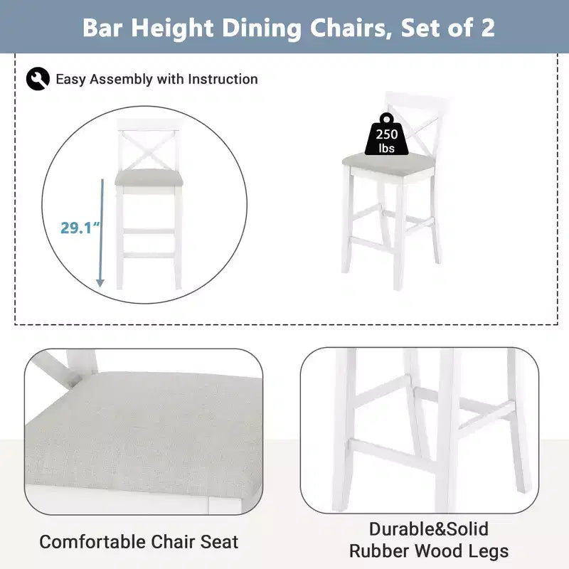 Ensemble de 3 pièces table de salle à manger hauteur de bar en bois, coin repas rectangulaire de style ferme avec 2 chaises pour petits espaces