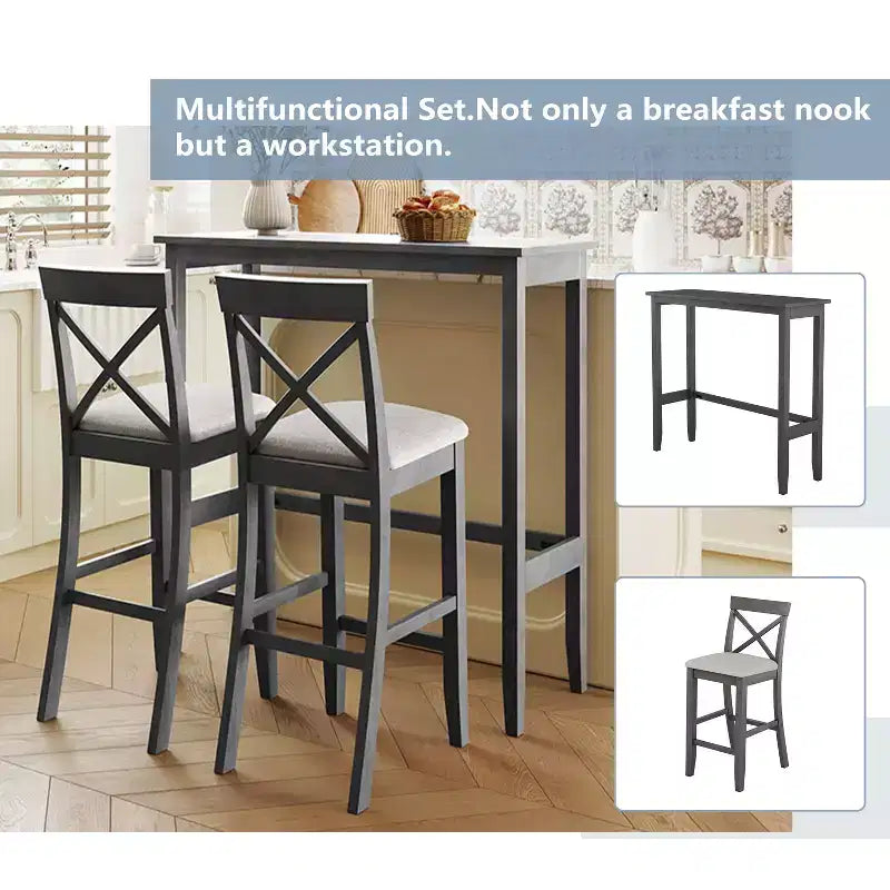 Ensemble de 3 pièces table de salle à manger hauteur de bar en bois, coin repas rectangulaire de style ferme avec 2 chaises pour petits espaces