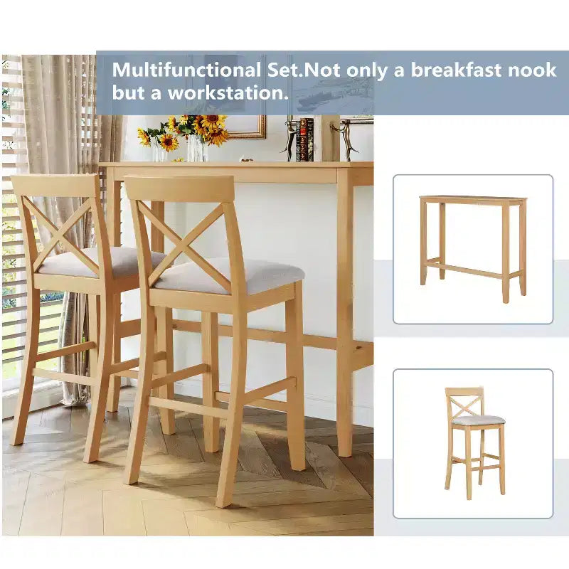 Ensemble de 3 pièces table de salle à manger hauteur de bar en bois, coin repas rectangulaire de style ferme avec 2 chaises pour petits espaces