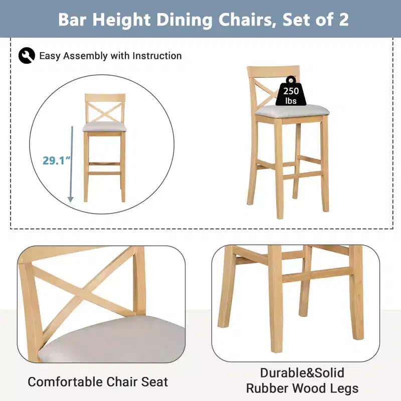 Ensemble de 3 pièces table de salle à manger hauteur de bar en bois, coin repas rectangulaire de style ferme avec 2 chaises pour petits espaces