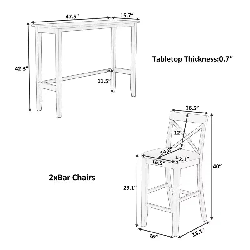 Ensemble de 3 pièces table de salle à manger hauteur de bar en bois, coin repas rectangulaire de style ferme avec 2 chaises pour petits espaces
