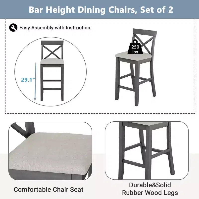 Ensemble de 3 pièces table de salle à manger hauteur de bar en bois, coin repas rectangulaire de style ferme avec 2 chaises pour petits espaces