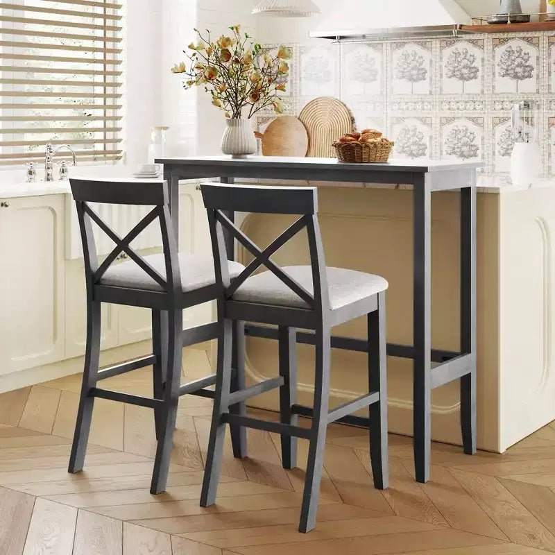 3 Pieces Wood Bar Height Dining Table Set, Farmhouse Rectangle Kitchen Breakfast Nook with 2 Chairs for Small Places