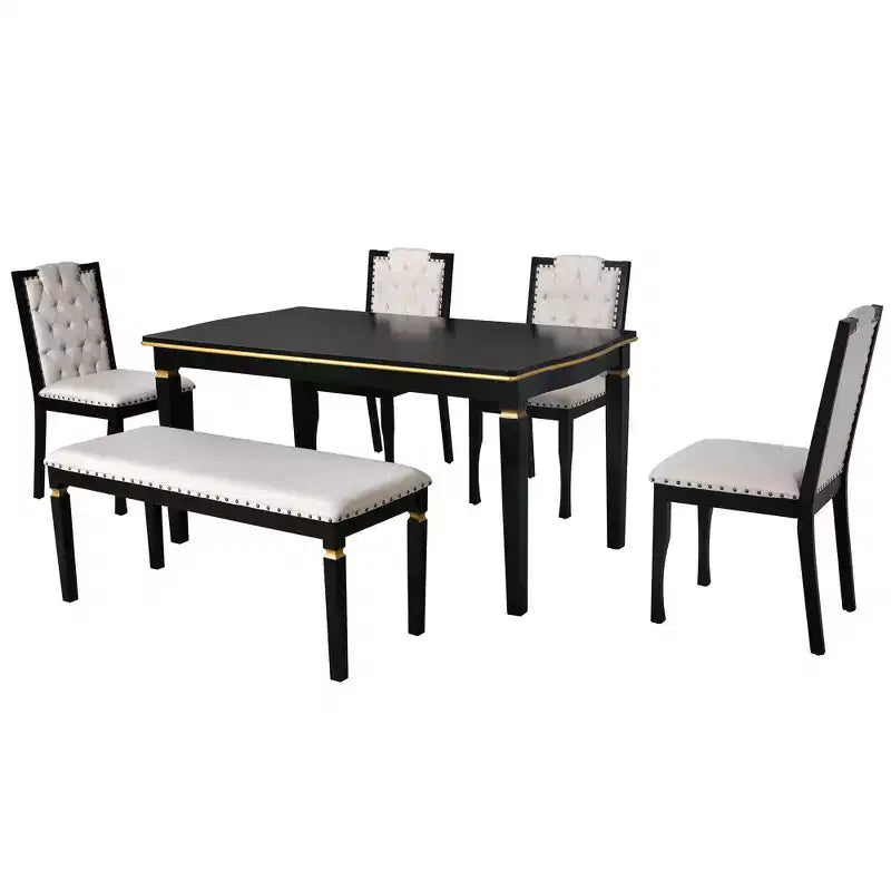 Ensemble de salle à manger rétro 6 pièces, table rectangulaire et 4 chaises touffetées à dossier haut et banc, ensemble de salle à manger en bois pour 6 personnes