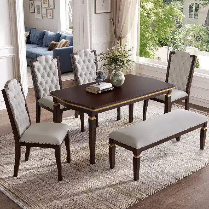 Ensemble de salle à manger rétro 6 pièces, table rectangulaire et 4 chaises touffetées à dossier haut et banc, ensemble de salle à manger en bois pour 6 personnes