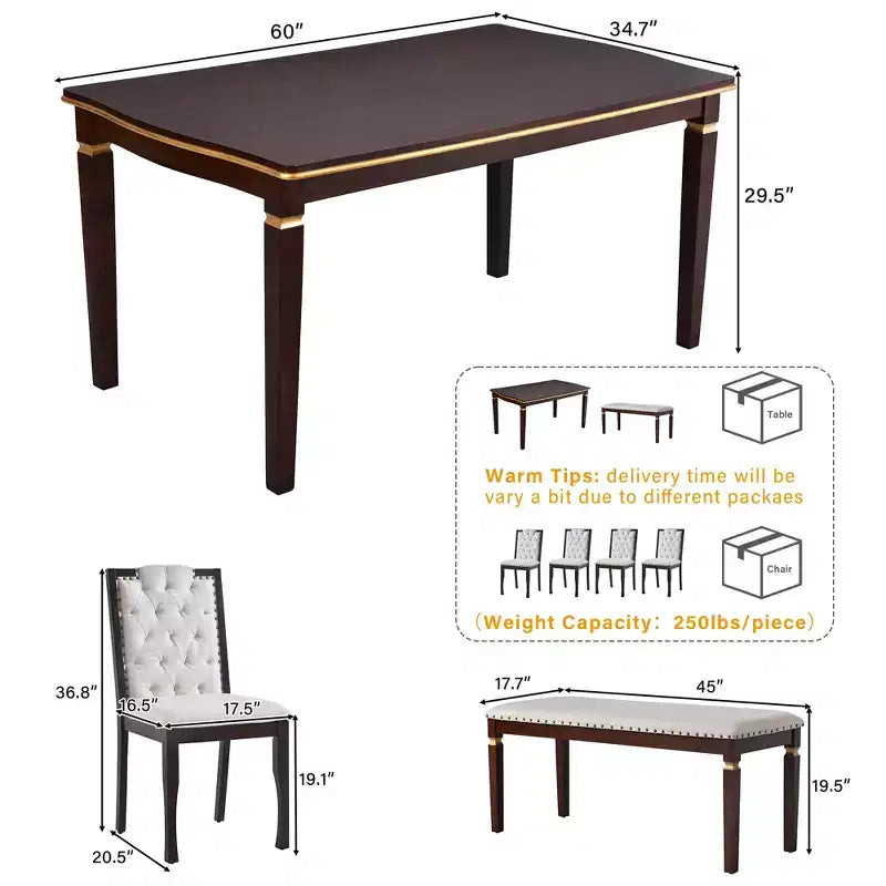 Ensemble de salle à manger rétro 6 pièces, table rectangulaire et 4 chaises touffetées à dossier haut et banc, ensemble de salle à manger en bois pour 6 personnes